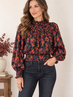 Calligraphie Floral Smocked Blouse Womens M Black Red Boho Mock Neck